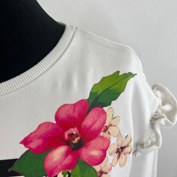 Twinset White Sweatshirt Floral Crew Neck Ruffle Drop Shoulder Pullover Size 14 - Picture 3 of 9